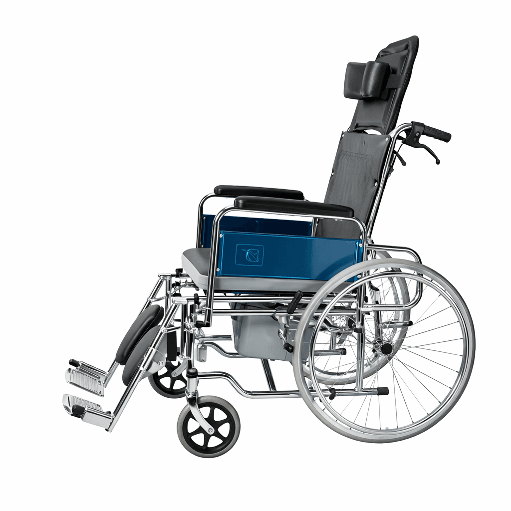 Reclining Commode Wheelchair – High Back, Detachable Armrests, 100kg Capacity - Image 2